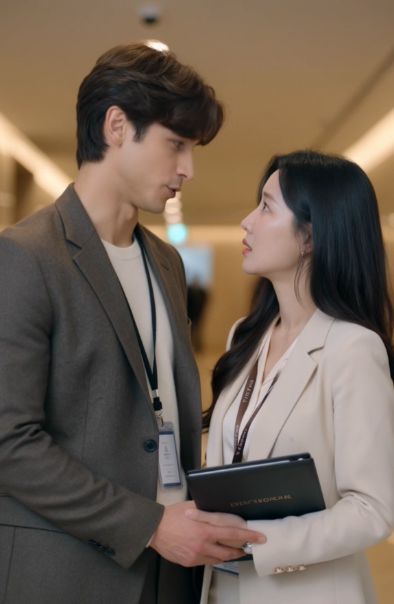 국제 업무 현장에서 대화하는 Elias와 Lyra